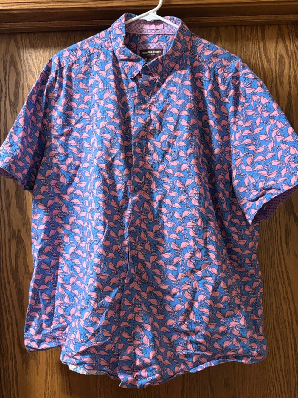 Johnston & Murphy Short-Sleeve Button-Down Shirt - Blue & Pink Flamingo Print
